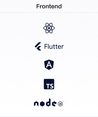 Frontend technologies: react, flutter, angular, ts, node.js
